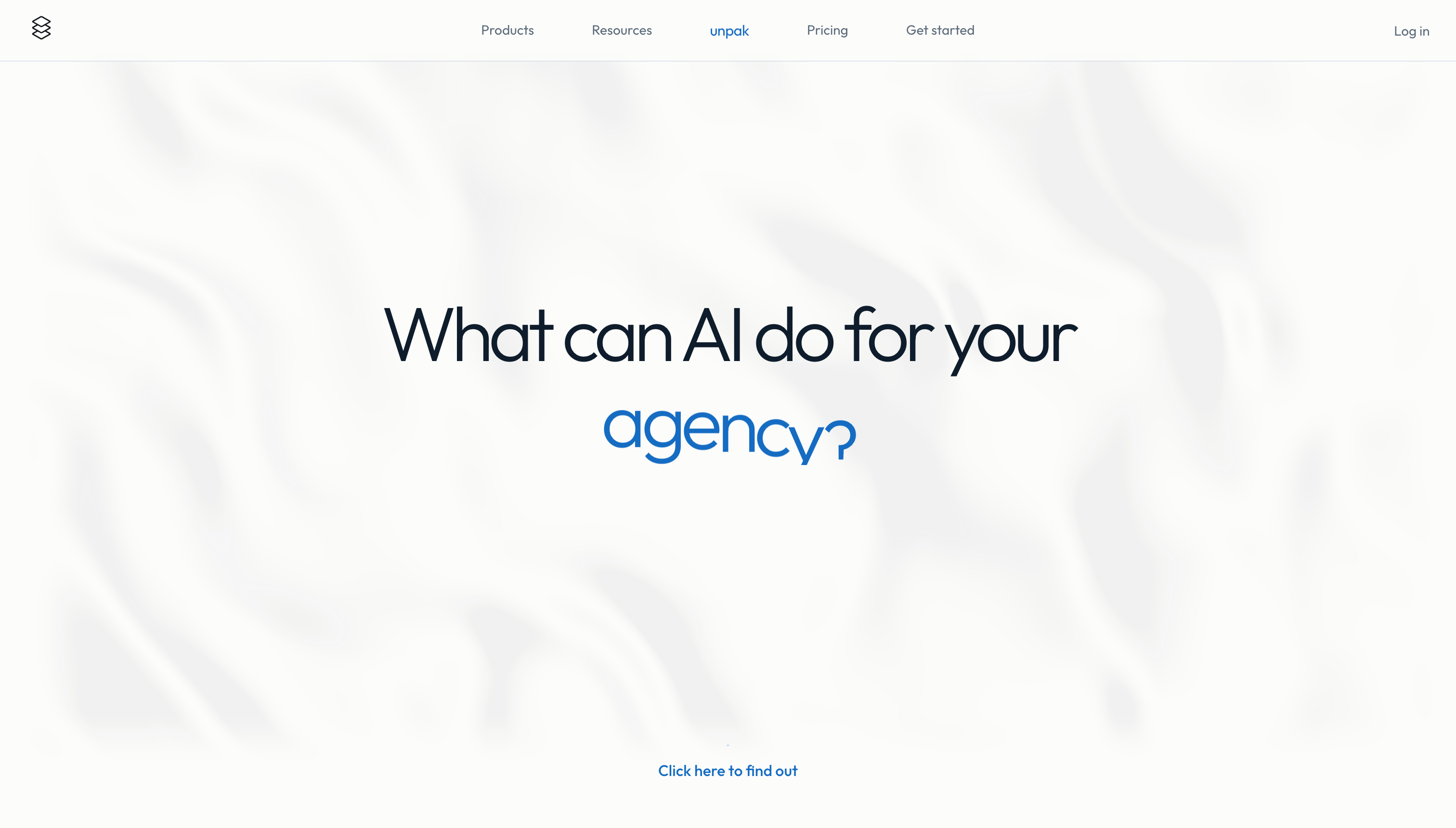The Unpak website landing page: the headline What can AI do for your agency over a soft rippling canvas